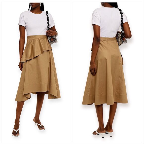 3.1 Phillip Lim Stretch Cotton Jersey-paneled Ruffled Twill Midi Dress In Brown - Picture 1 of 16
